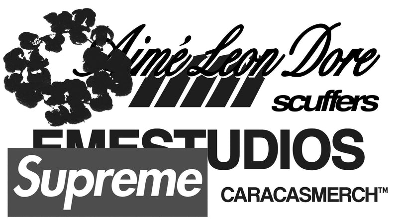 Collage de logotipos hypebeast: Aimé Leon Dore, Scuffers, Emestudios, Supreme y Caracas Merch