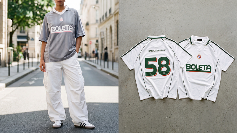 Camiseta de fútbol blanca «Boleta» número 58 de Caracas Merch y el outfit completo en la calle
