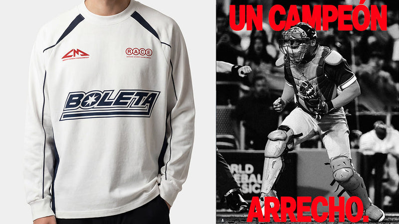 Sudadera «Boleta» de Caracas Merch junto al gráfico «Un Campeón Arrecho» en blanco y negro