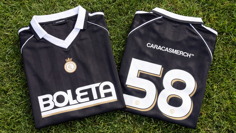 Camiseta de fútbol negra «Boleta» número 58 de Caracas Merch, vista de frente y de espaldas