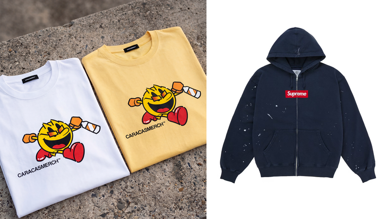 Camisetas de Caracas Merch con estampado gráfico junto a una sudadera Supreme
