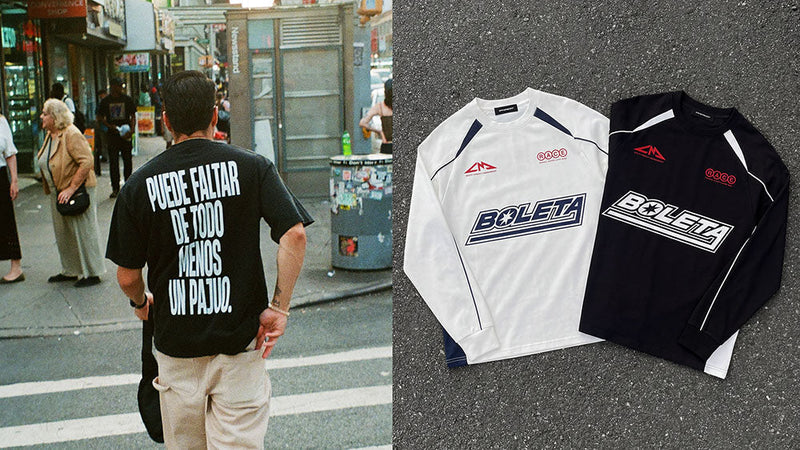 Hombre de espaldas con una camiseta de mensaje de Caracas Merch y camisetas de fútbol «Boleta»