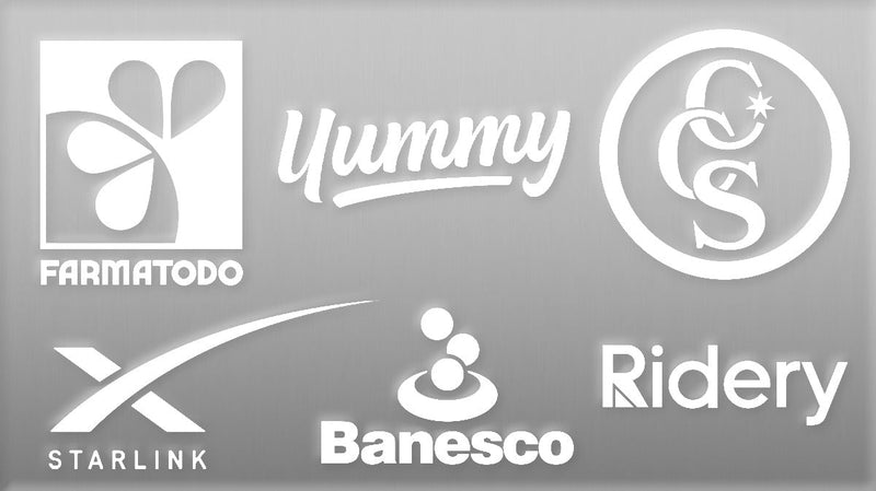 Collage de logotipos de marcas venezolanas: Farmatodo, Yummy, Starlink, Banesco y Ridery