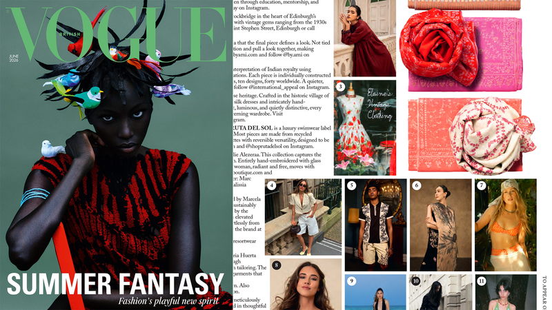 Página de revista de moda con la bandana de Caracas Merch en una editorial de verano