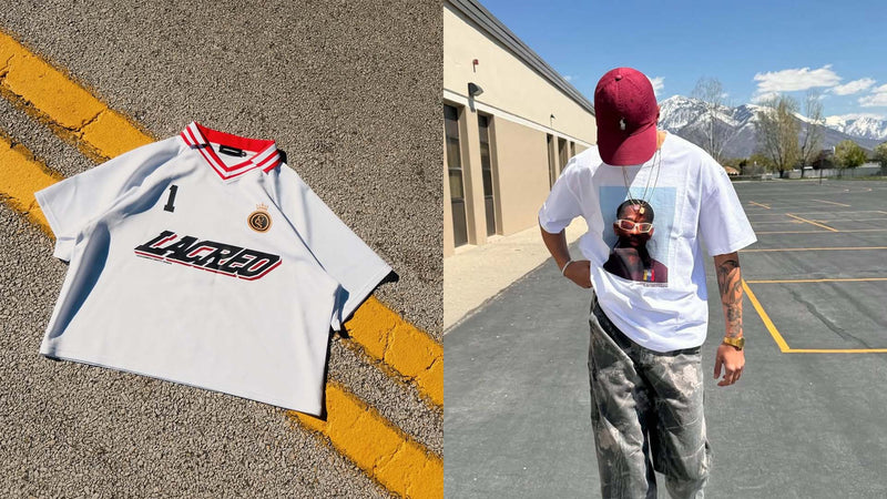 Camiseta de fútbol blanca de Caracas Merch colgada en la calle y llevada por un modelo
