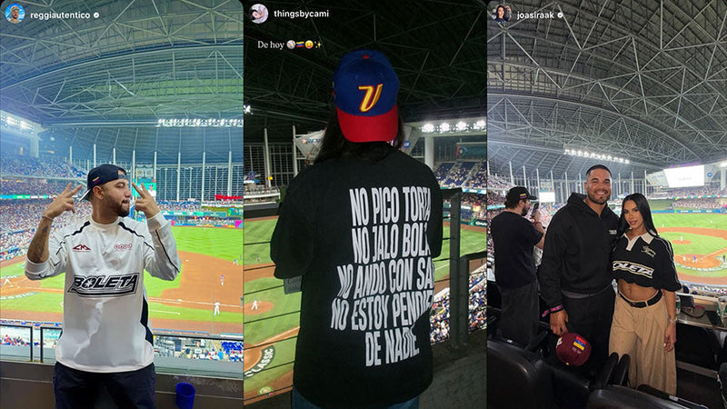Collage de aficionados y jugadores con piezas de Caracas Merch en el ambiente del Clásico Mundial de Béisbol