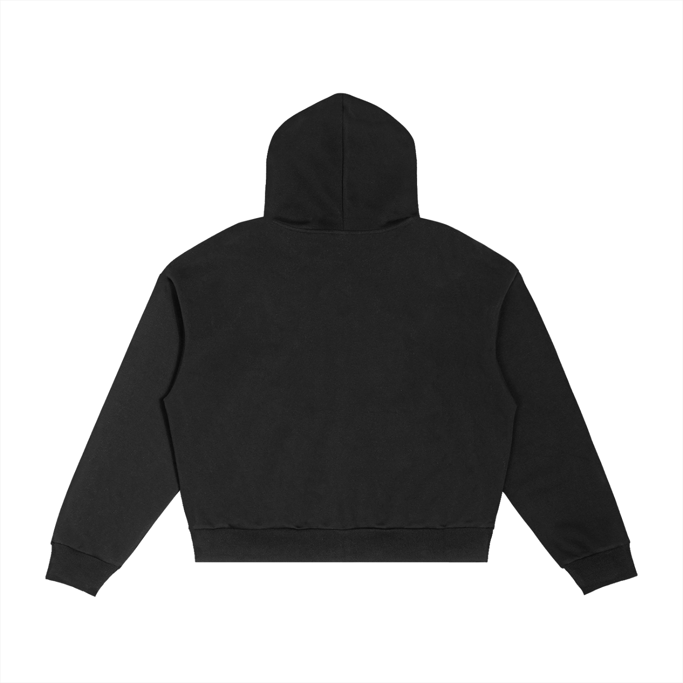 Back view of black Caracas Merch zip-up hoodie with hood