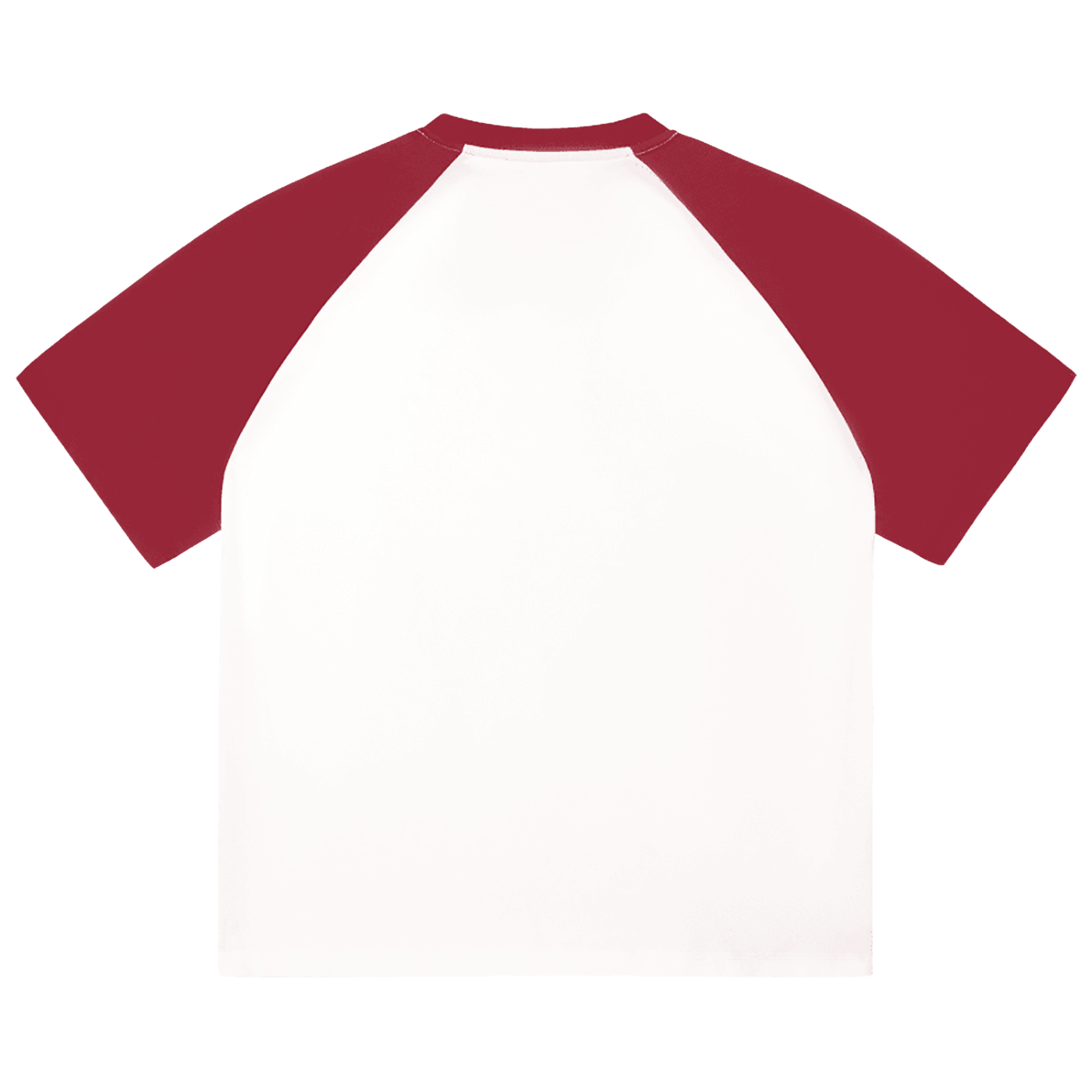 Back view of white and burgundy Caracas Merch raglan t-shirt
