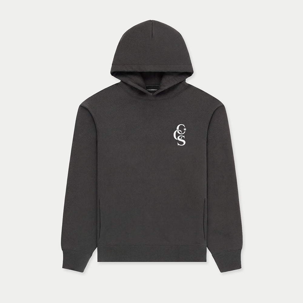 Front view of CCS Caracas heavyweight black graphic hoodie
