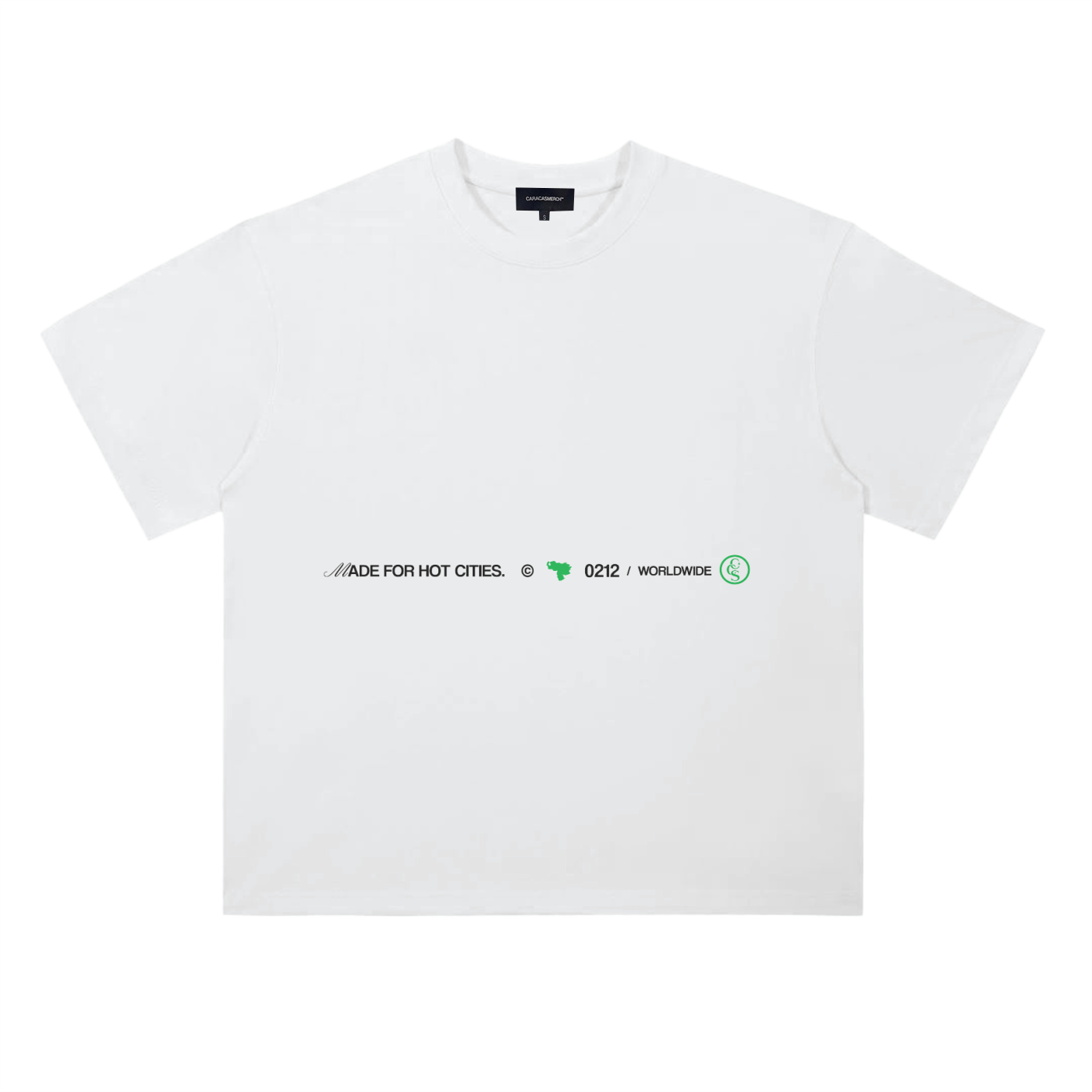 Front view of white CCS Made For Hot Cities t-shirt with minimal chest print