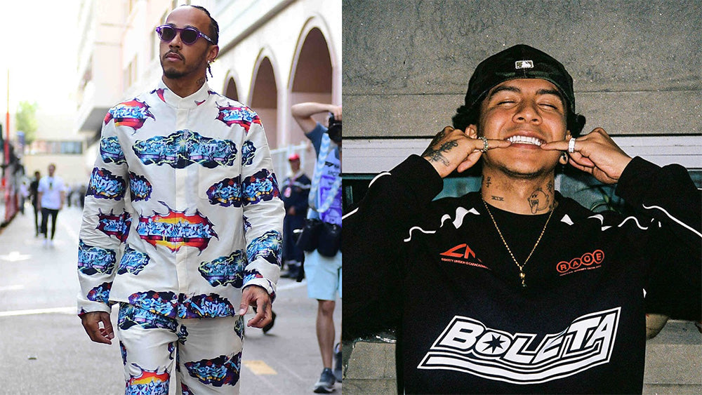 Izquierda: Lewis Hamilton vistiendo Louis Vuitton bajo la dirección creativa de Virgil Abloh, con gráficos del artista venezolano @ghustoleon. Derecha: Big Soto usando el long sleeve Boleta de Caracas Merch.