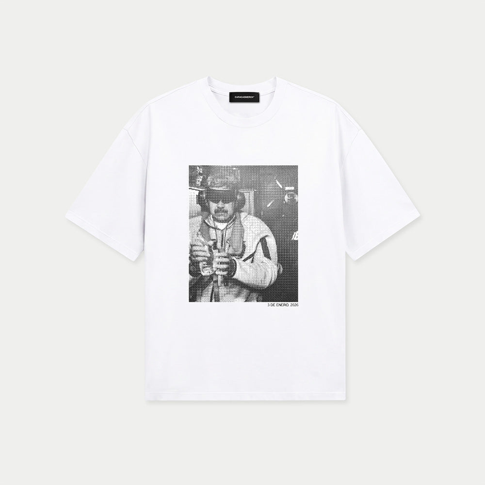 White t-shirt featuring black and white 3 de Enero 2026 graphic print Nicolas Maduro Preso