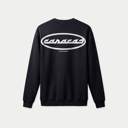 Sudadera oversized negra «Caracas» de Caracas Merch, vista trasera plana, con el óvalo blanco grande