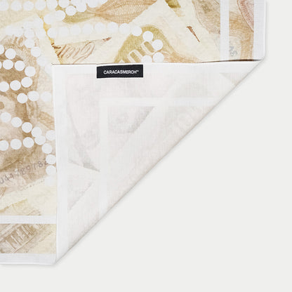 Close up detail of Venezuelan bolivar bandana with Caracas label