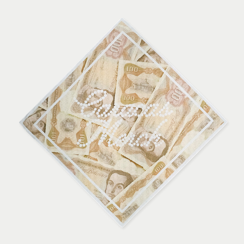 Square bandana featuring Venezuelan bolivar bills design in beige tones