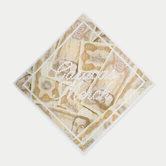 Square bandana featuring Venezuelan bolivar bills design in beige tones