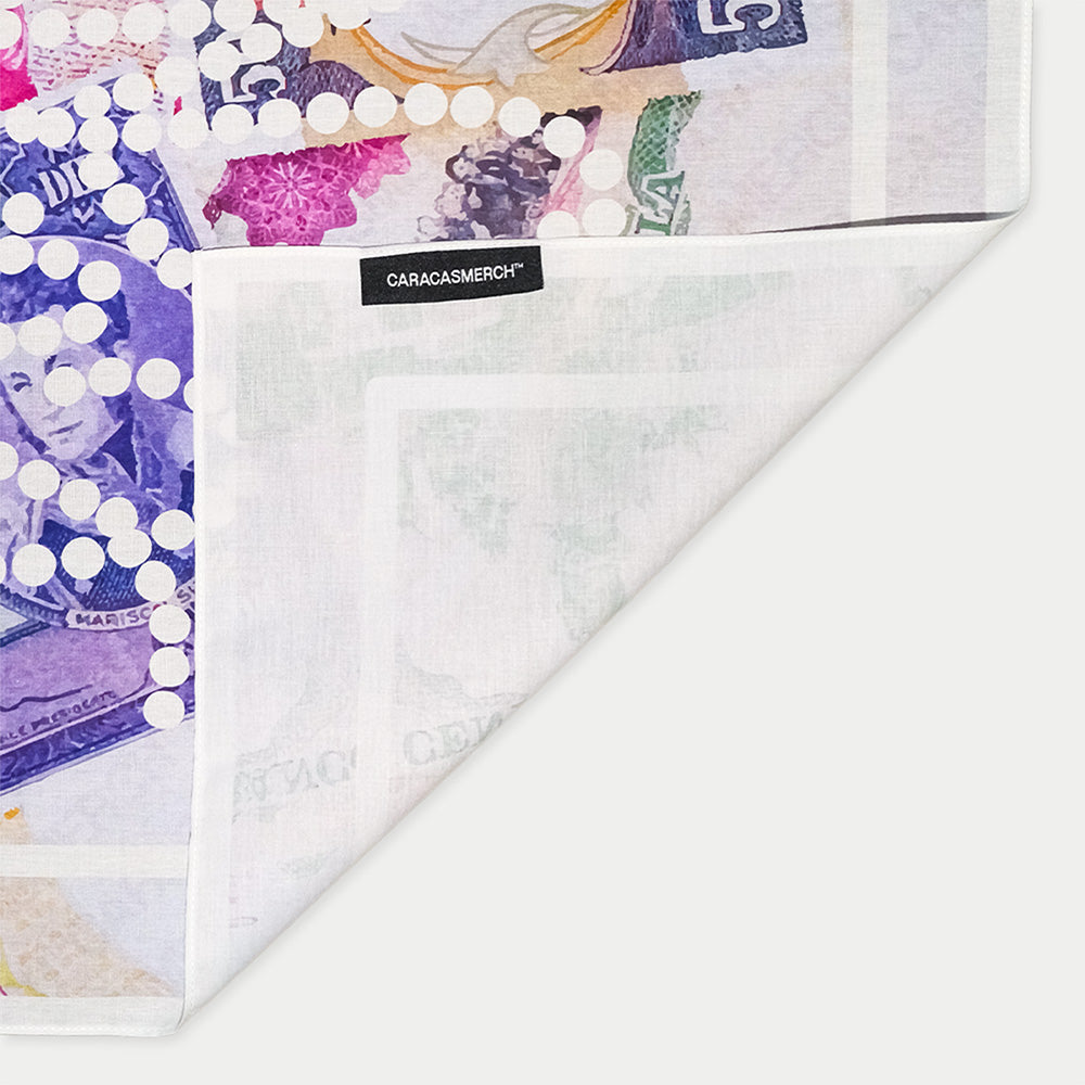 Close up detail of multicolor Venezuelan bolivar bandana with Caracas label