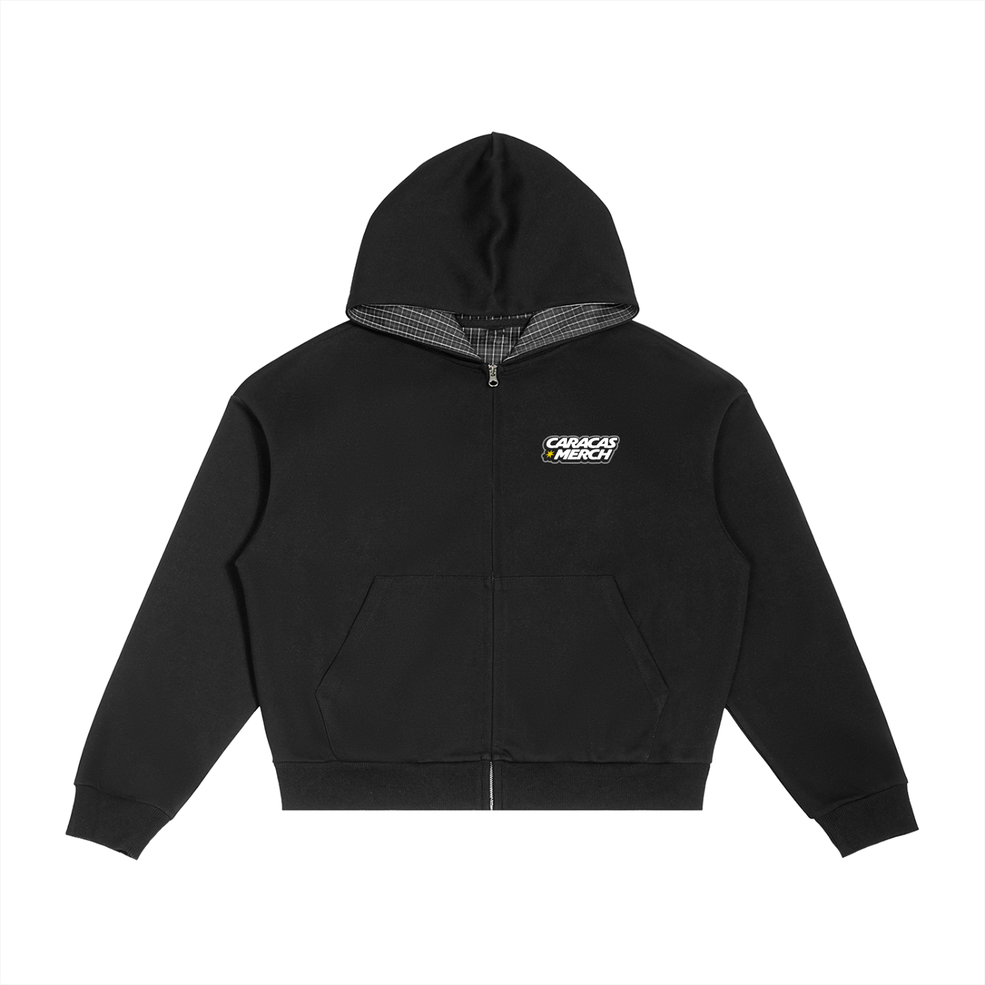 Black zip-up hoodie with plaid hood lining and Caracas Merch logo