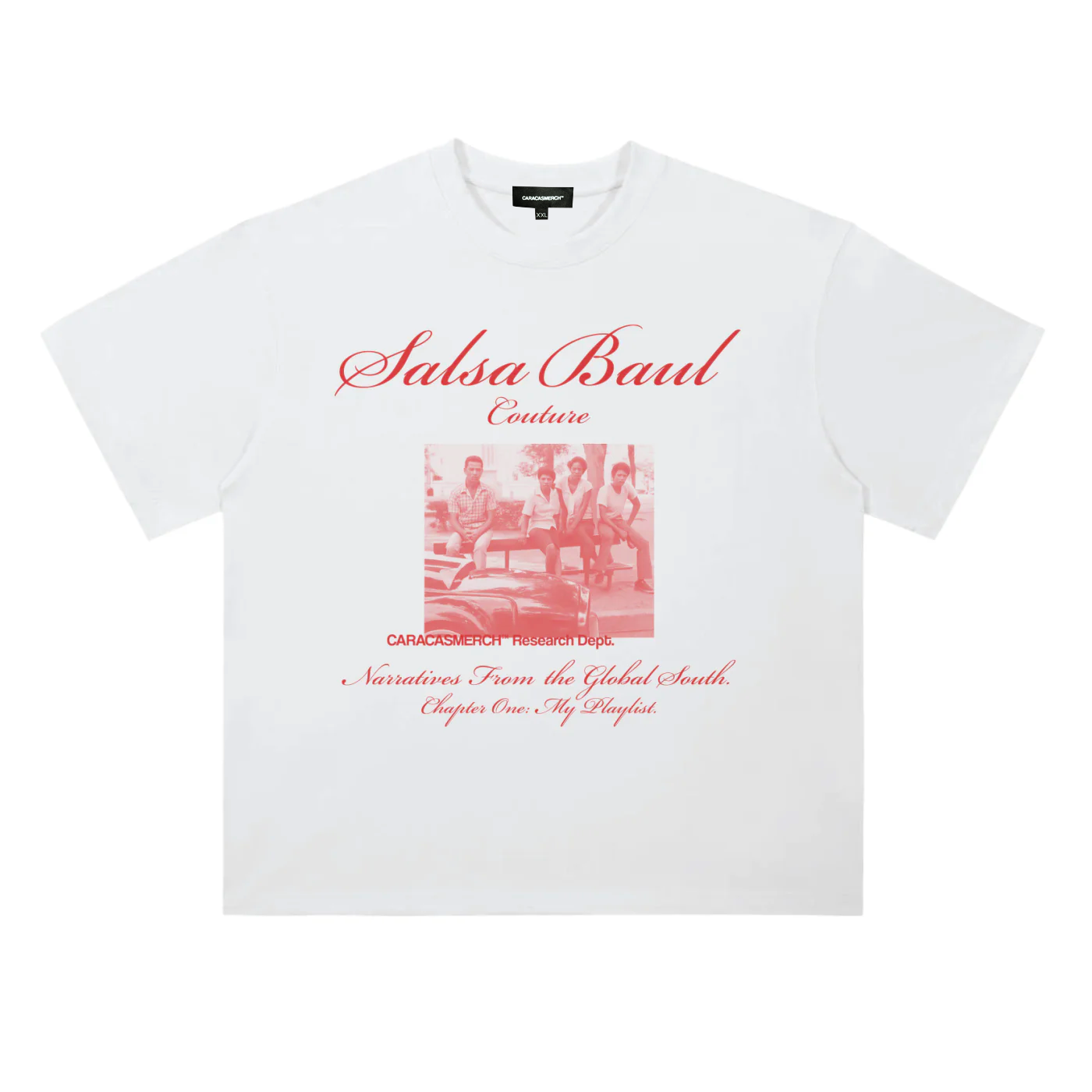 Front view of white Salsa Baul Couture with red graphic t-shirt