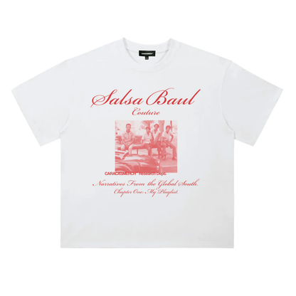 Front view of white Salsa Baul Couture with red graphic t-shirt