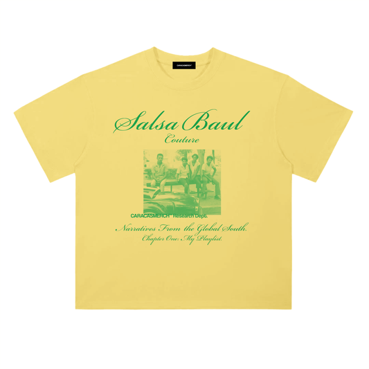 Front view of yellow with green Salsa Baul Couture graphic t-shirt