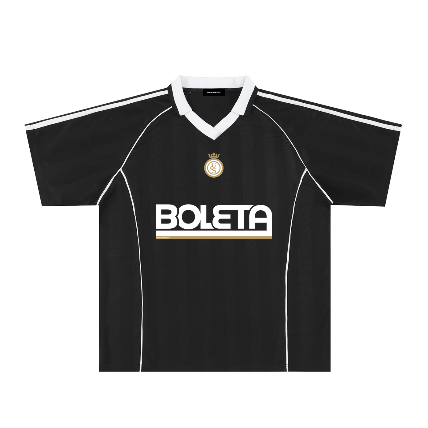 Black soccer-style jersey front view with striped texture, V-neck collar, and bold “BOLETA” graphic across the chest – Caracas Merch