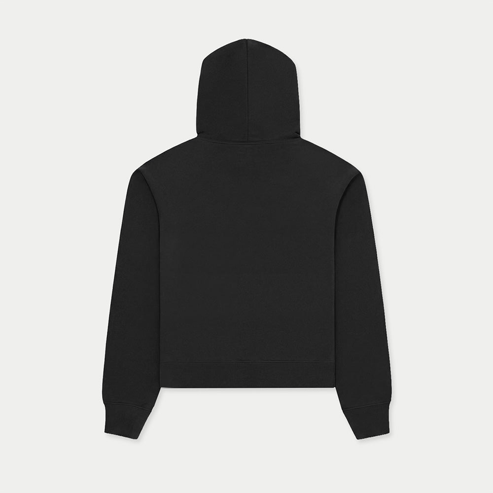 Back view of black Caracas Merch zip-up hoodie with hood