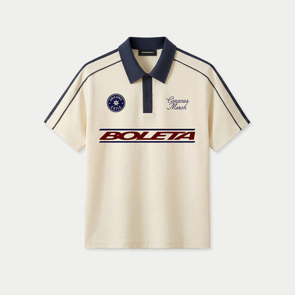 Front view of beige Boleta soccer polo jersey by Caracas Merch