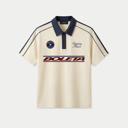 Front view of beige Boleta soccer polo jersey by Caracas Merch