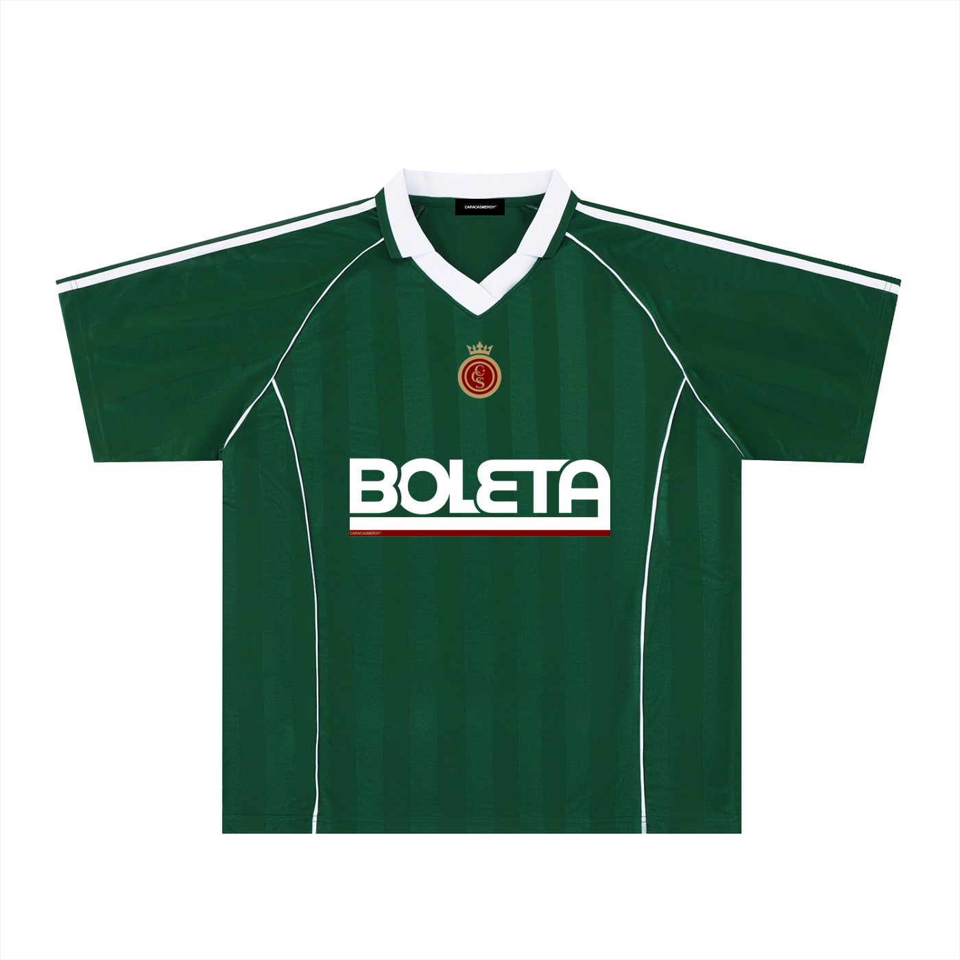 Green soccer-style jersey front view with striped texture, V-neck collar, and bold “BOLETA” graphic across the chest – Caracas Merch