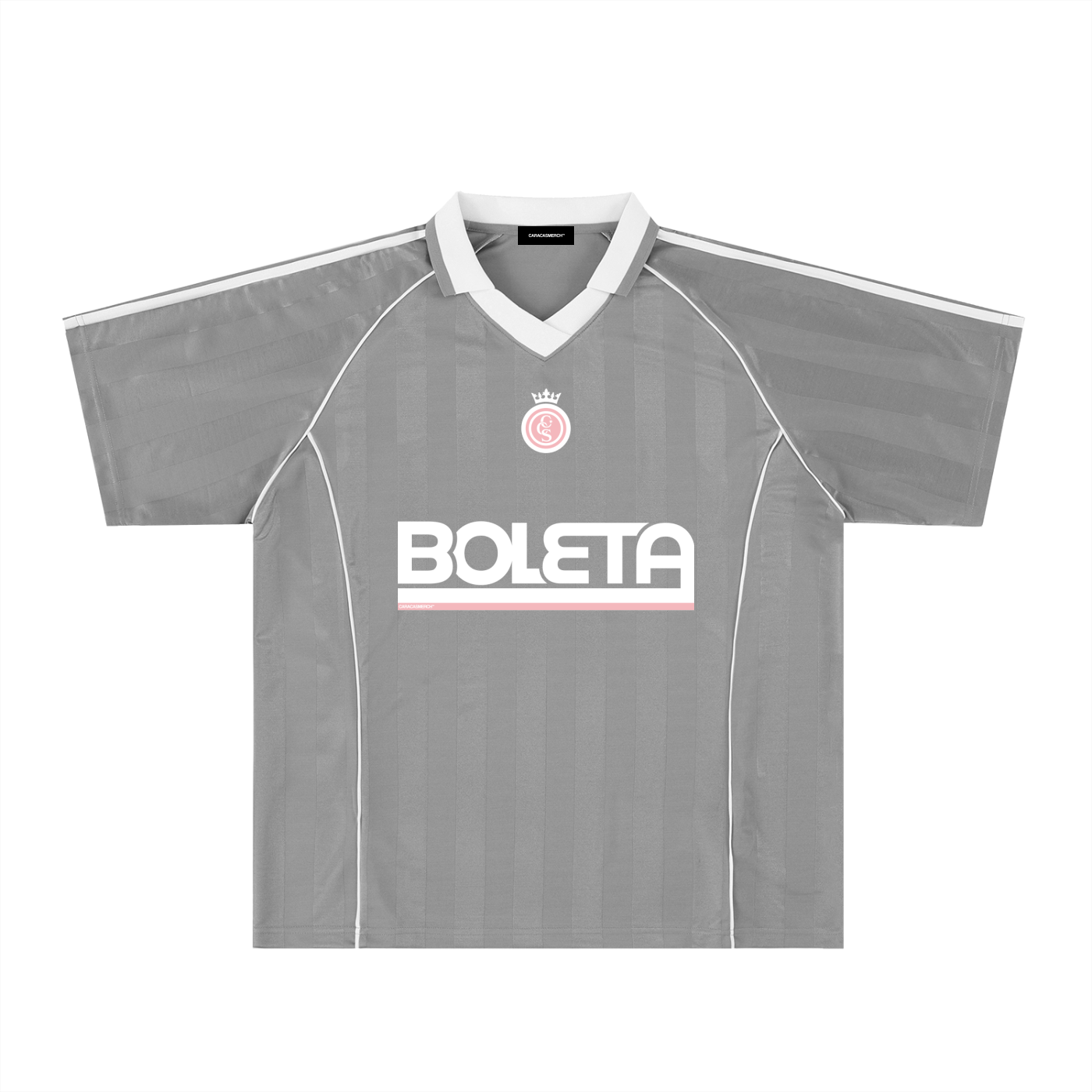 Grey soccer-style jersey front view with striped texture, V-neck collar, and bold “BOLETA” graphic across the chest – Caracas Merch