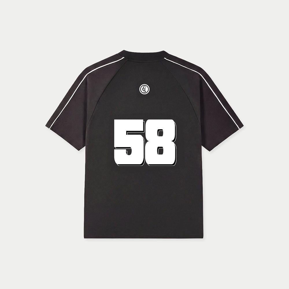 Black Boleta Racing jersey by Caracas Merch with number 58 at back, back view