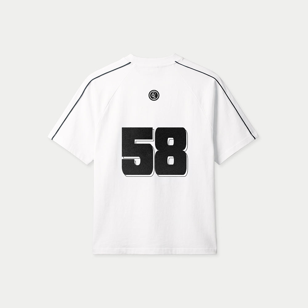 White Boleta Racing jersey by Caracas Merch with number 58 at back, back view