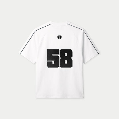 White Boleta Racing jersey by Caracas Merch with number 58 at back, back view