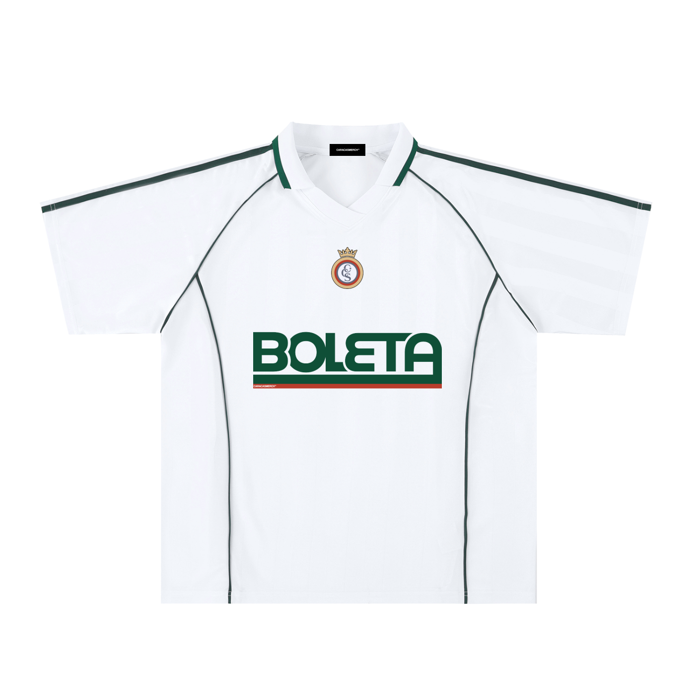 White soccer-style jersey front view with striped texture, V-neck collar, and bold “BOLETA” graphic across the chest – Caracas Merch