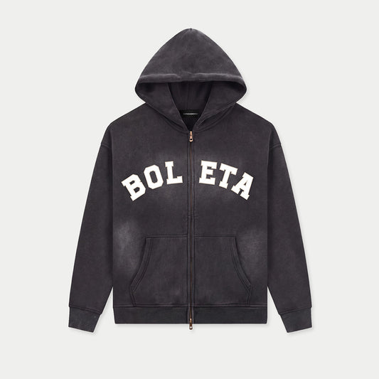 Caracas Merchの「Boleta」バーシティ風ジップパーカー・正面（平置き）
