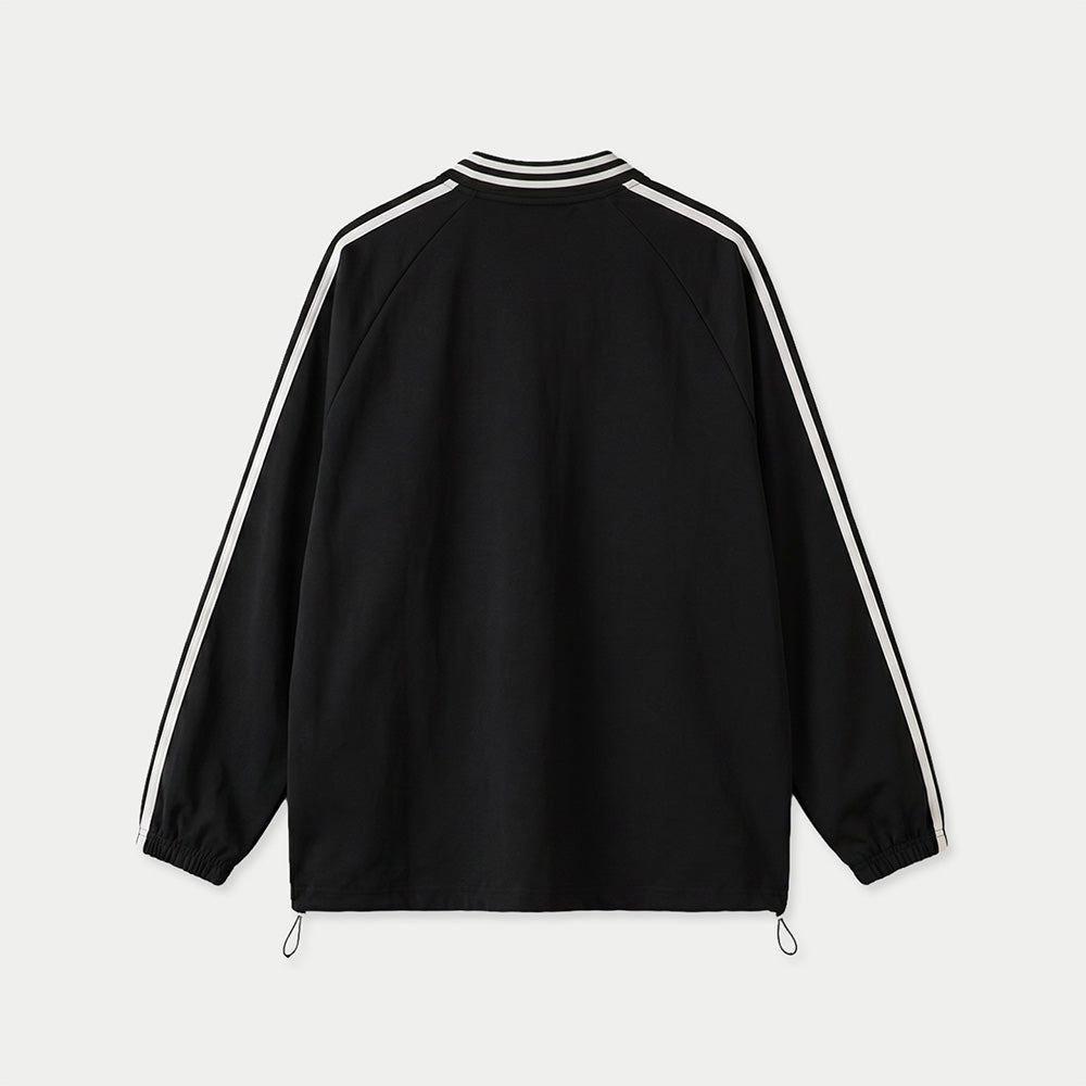 Black sport-style track jersey with white sleeve stripes back view