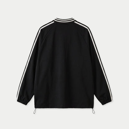 Black sport-style track jersey with white sleeve stripes back view