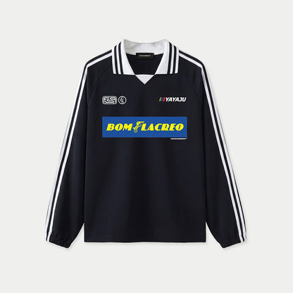 Black sport-style pullover with white stripes and Bom Lacreo graphic