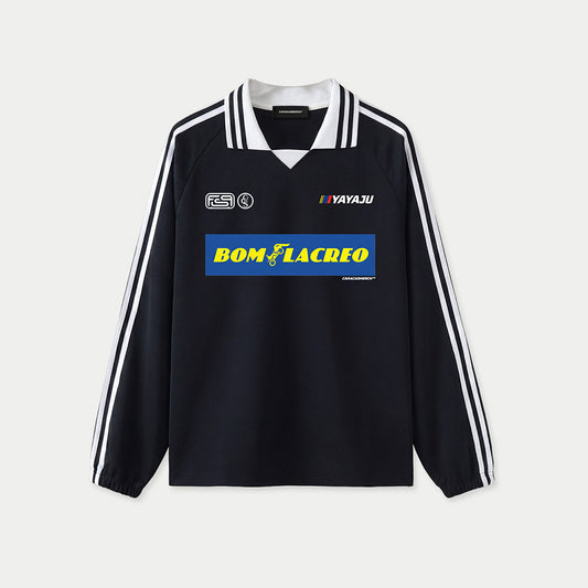 Black sport-style pullover with white stripes and Bom Lacreo graphic