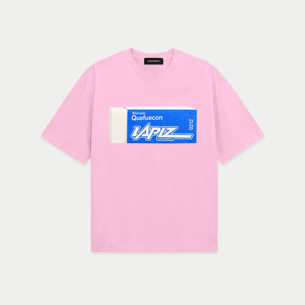 pink oversized t-shirt front view with eraser graphic and “Bórralo que fue con lápiz” text in blue label style – Caracas Merch