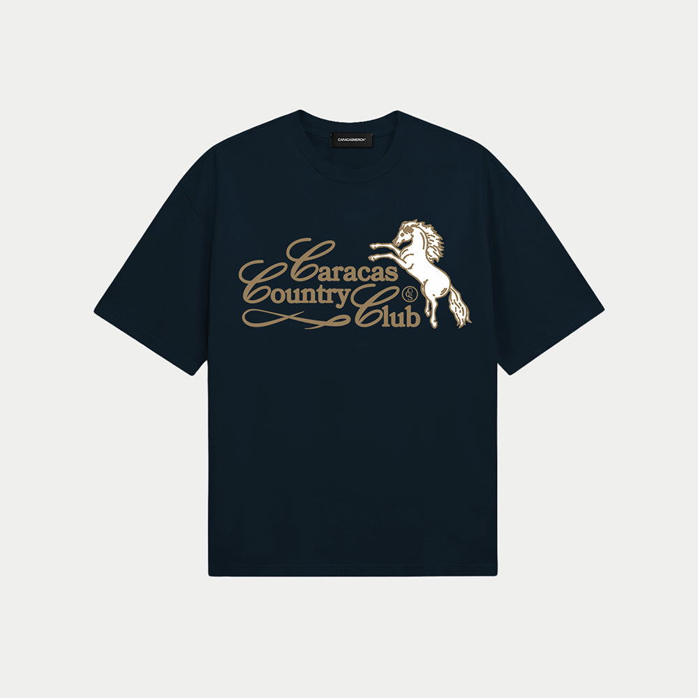 Front view of caracas country club navy graphic t-shirt by Caracas Merch
