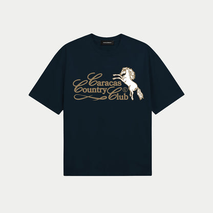 Front view of caracas country club navy graphic t-shirt by Caracas Merch