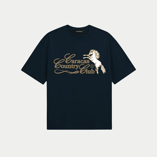 Front view of caracas country club navy graphic t-shirt by Caracas Merch