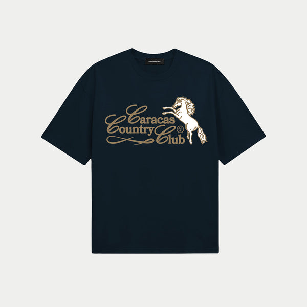 Front view of caracas country club navy graphic t-shirt by Caracas Merch