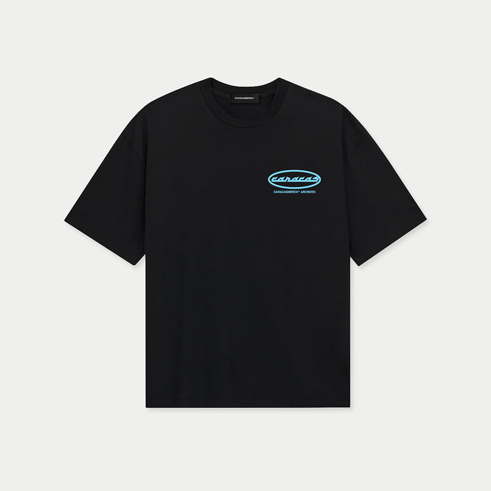Front view of caracas archives black graphic t-shirt by Caracas Merch