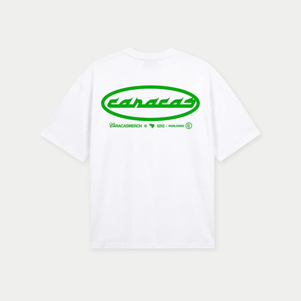 Back view of white caracas archives graphic t-shirt