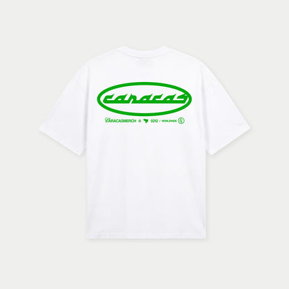 Back view of white caracas archives graphic t-shirt