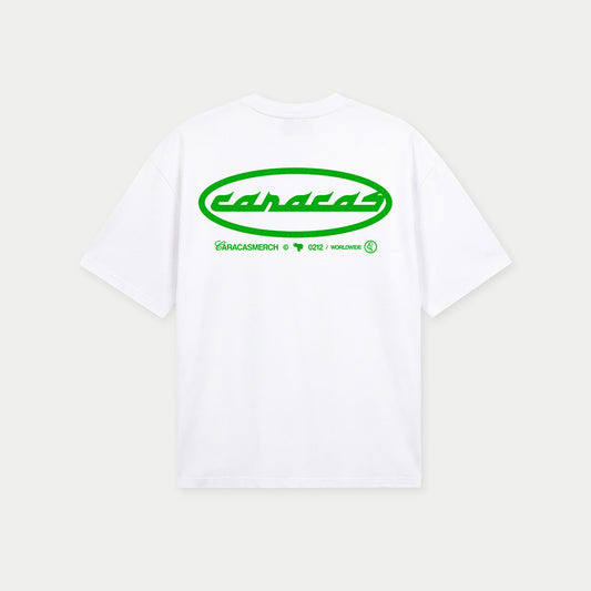 Back view of white caracas archives graphic t-shirt