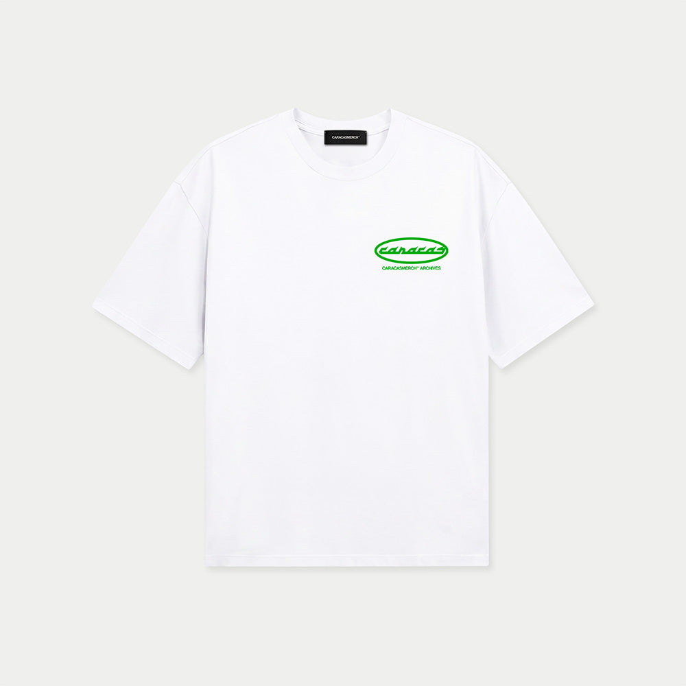 Front view of caracas archives white graphic t-shirt